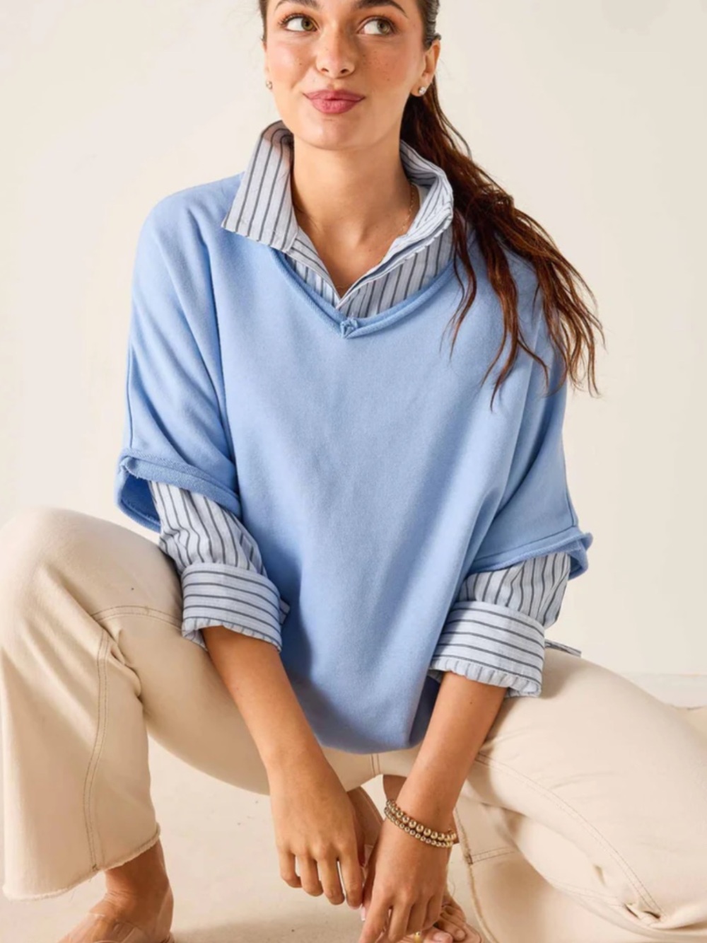 Mersea Frenchie Raw Edge V-Neck Sweatshirt Periwinkle OS
